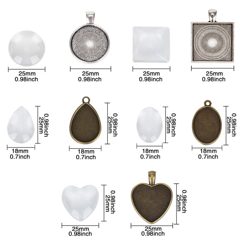 HOMEIDOL 60 Pieces 5 Styles Pendant Trays 30pcs Round & Square & Heart & Teardrop & Oval and 30pcs Bright Glass Cabochon Dome Tiles for Crafting DIY Jewelry Gift Making - Image 2